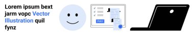 Gülen yüz, ödeme formu dijital işlemleri vurgulayan Pay düğmesi ve teknolojiyi sembolize eden dizüstü bilgisayar. Finans, e-ticaret, teknoloji, kullanıcı deneyimi ve çevrimiçi güvenlik için ideal
