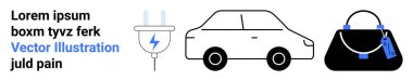 Şarj ikonu ve el çantasının yanındaki elektrikli araba. Sürdürülebilirlik için ideal, elektrikli araç, çevre dostu markalar, alışveriş eğilimleri, teknoloji, hareketlilik, düz iniş sayfası afişi