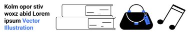 Bir yığın kitap, etiketli şık bir çanta ve bir müzik nota sembolü. Eğitim, moda, alışveriş, müzik, minimalizm sanatı ve kültür temalı projeler için ideal. Düz iniş sayfası afişi için mükemmel