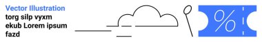 Bulut yükselen bir balonla ve yüzde işareti içeren mavi indirim kuponuyla eşleşti. Terfi, alışveriş, satış, indirim, tasarruf, asgari tasarım, soyut düz metafor için ideal