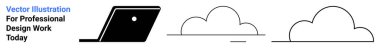 Pürüzsüz ve soyut bir dizaynda stilize edilmiş dizüstü bilgisayar ve bulutlar. Teknoloji, bulut hesaplama, yenilik, uzak çalışma, veri depolama, bağlantı modern dijital trendler için idealdir. Soyut çizgi düz metafor