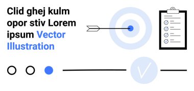 Ok hedefe vuruyor, listeli pano, kontrol işareti, değişik boylarda ve renklerde taklit metin. Ticari hedefler, görev tamamlama, üretkenlik, başarı onayı, veri örgütü için ideal