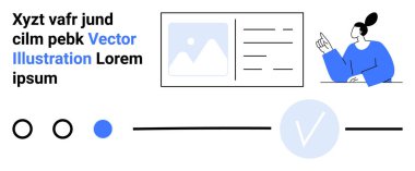 Metin ve resimdeki mavi noktalı kadın, ilerleme çubuğunun sembolleri, daire göstergeleri. Web tasarımı, minimalizm, içerik oluşturma, bilgi illüstrasyonu, UIUX tasarımı, eğitim materyalleri için ideal