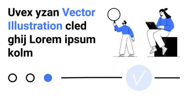 Konuşma balonu ve dizüstü bilgisayarla etkileşime giren iki birey, yer tutucu metin ve geometrik şekillerle birlikte. Takım çalışması, iletişim, teknoloji, kullanıcı arayüzü tasarımı, pazarlama için ideal