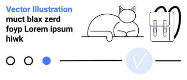 Kedi istirahati, tokalı sırt çantası ve vektör sanat tarzında daireler, çizgiler ve mavi işaretli arayüz elementleri. Web tasarımı için ideal, UIUX, eğitim, e-ticaret markalaşma pazarlama