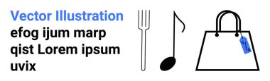 Çatal, müzik notası ve etiketli alışveriş çantası yemek, müzik ve ticaret temalarını betimliyor. Gıda, eğlence, alışveriş, markalaşma etkinlikleri e-ticaret ve düz iniş sayfası afişi için ideal
