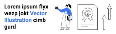 Zaferi temsil eden bir kadın rozeti ve dolar işareti olan bir belge büyümek için yukarı doğru oklar tutan bir kadın. Başarı, motivasyon, ilerleme, ödüller, iş hedefleri, eğitim sade iniş için ideal