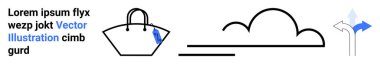 Mavi aksanlı el çantası taslağı, kıvrımlı bulut çizgisi sanatı ve yön işareti. Alışveriş, seyahat, hava durumu, navigasyon, yön minimalizmi modern tasarım için ideal. Düz iniş sayfası pankartı
