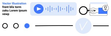 Ses oynatma düğmesi, ses dalgaları, büyüteç arama, bir web sayfası üzerinde el, dairesel ilerleme göstergeleri, mavi bir dairede kontrol işareti ve metin segmentleri. UIUX tasarımı için ideal, dijital