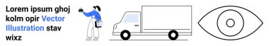 Kamyonun yanında kurye teslimatı, dikkat, görüş, analiz ya da iz sürmeyi sembolize eden stilize göz unsuruyla birlikte. Lojistik, e-ticaret, vizyon, nakliye teknolojisi markalaşması için ideal