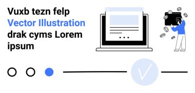 İçeriği gösteren dizüstü bilgisayar, yüzen paraların arasında büyük cüzdanla etkileşime giren kişi. İş, finans, ödeme çözümleri, teknoloji, web tasarımı, kullanıcı arayüzü pazarlaması için ideal. İniş sayfası