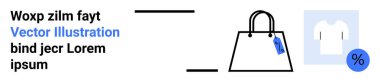 Üstünde etiket, katlanmış gömlek ve yüzde sembolü olan bir alışveriş çantası. Satışları, indirimleri, perakendecileri, e-ticareti, alışveriş anlaşmalarını tanıtımları ve modayı temsil ediyor. Çevrimiçi dükkanlar için ideal