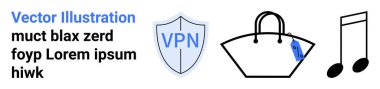 VPN 'li kalkan simgesi, etiketli alışveriş çantası ve nota. Güvenlik, e-ticaret, çevrimiçi alışveriş, teknoloji, müzik akışı, mahremiyet bilinci düz iniş sayfası afişi için ideal