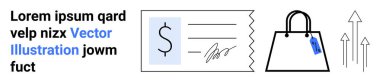 Dolar işareti ve imzalı makbuz etiketli alışveriş torbası başarı ve büyüme için yukarı doğru oklar. Perakende, ecommerce, satış, finans, ödeme, pazarlama için ideal
