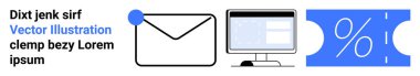 Bildirimli noktalı zarf, metin sayfası içeren masaüstü monitörü ve yüzde işaretli mavi indirim kuponu. E- posta pazarlama, teknoloji, iletişim, finans, promosyonlar, e-ticaret için ideal