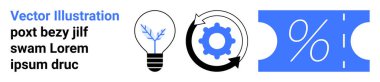 Ağaç dallı ampul, oklu dairesel teçhizat, bilet yüzdesi. Yenilik için ideal, süreç akışı, verimlilik, teknoloji, indirimler, soyut finans hattı düz metaforu