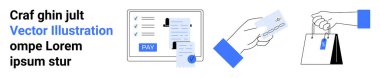 Faturayla ödeme seçeneklerini gösteren bir tablet, kredi kartı tutan bir el, etiketli bir alışveriş çantası. E-ticaret, finans, perakende, işlemler, mobil ödemeler, dijital alımlar için ideal