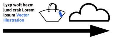 Fiyat etiketli alışveriş torbası, hareket gösteren büyük ok ve bulut anahatları veri transferi, e-ticaret veya bulut depolama kavramlarını birlikte iletir. Teknoloji, perakende, yenilik ve bulut için ideal