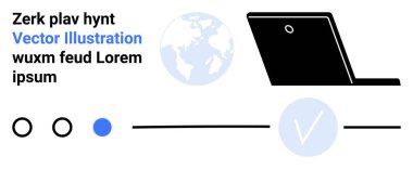 Açık ekran, küresel resimleme ve onay kutusu sembollü dizüstü bilgisayar. Teknoloji, dijital öğrenme, çevrimiçi toplantılar, küresel bağlantı, uygulama geliştirme, üretkenlik araçları UXUI tasarımı için ideal