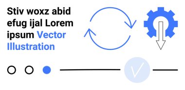 Aşağı doğru ok, dairesel oklar, noktalar, çizgi ve kontrol işaretli mavi ve siyah. İş akışı otomasyonu, süreç yönetimi, sistem entegrasyonu, teknik yenilik projesi izleme için ideal