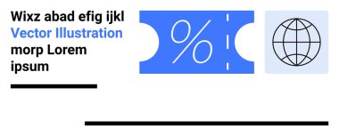 Bilet şeklindeki kuponda yüzde işareti ve dünya çapında bir çizim var. Terfi için ideal, küresel pazarlama, ticaret, çevrimiçi alışveriş, indirimler, küresel ulaşım kavramları, soyut düz çizgi