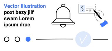 Bildirimler için çan simgesi, el imzası kontrolü, kullanıcı arayüzü ögeleri daireleri, satırları ve işaretleri parmakla. UIUX tasarımı, bildirimler, finans uygulamaları, bankacılık görev yönetimi için ideal