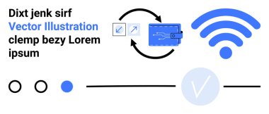 Dijital cüzdan ve kablosuz ikon oklarla bağlanıyor, yer tutucu metin, mavi dairede işaretleme işareti. Fintech, teknoloji iletişimi, dijital işlemler, çevrimiçi güvenlik, kablosuz