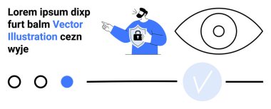 Adam elinde bir tablet tutarken kilidi gösteriyor, güvenliği temsil ediyor. Göz simgesi farkındalığı ya da vizyonu sembolize ediyor. Dairesel ve doğrusal etkileşim elemanları. Siber güvenlik ve kullanıcı için ideal