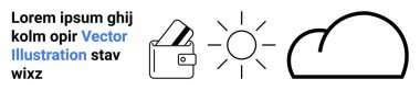 Cüzdanında kredi kartları, parlak güneş ışınları, ve bulutta yer tutucu Lorem ipsum. Finans, hava durumu uygulamaları, tasarruflar, yaz, tahmin, yer tutucu içeriği iniş sayfası için ideal
