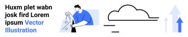 Geometrik şekilli kişi, bulut simgesi, yatay çizgiler, yukarı doğru oklar. Veri yönetimi, bulut depolama, iş büyümesi, dijital dönüşüm, teknoloji geliştirme için ideal temalar