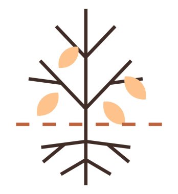 Dalları ve kökleri yatay çizgilerle bölünmüş, büyümeyi, bölünmeyi ve dengeyi temsil eden sadeleştirilmiş ağaç. Doğa, biyoloji, sürdürülebilirlik, büyüme, ekosistem eğitimi için ideal