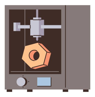 3D yazıcı koruyucu kaplamasında turuncu altıgen bir şekil yapıyor. Teknoloji, yenilik, endüstriyel tasarım, üretim, mühendislik, prototip, araştırma kavramları için idealdir. Düz renk simgesi