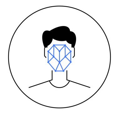 Çemberin içinde yüz tanıma sistemi olan bir erkek silueti. Yapay zeka, güvenlik, gözetleme, biyometri, teknoloji, mahremiyet ve modern yenilik için ideal. İniş sayfası