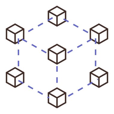 Noktalı çizgilerle birbirine bağlanmış altı 3D küp blok zinciri, ademi merkeziyet ve veri paylaşımını temsil ediyor. Teknoloji, yenilik, bağlantı, ağ, veri güvenliği, dijital sistemler için ideal