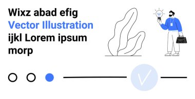 Çantası ve ampulü olan profesyonel bir iş adamı. Soyut bitki şekilleri, büyük işaret simgesi. Yenilik, yaratıcılık, iş çözümleri, ilerleme, fikirler büyüme teknolojisi için idealdir. İniş