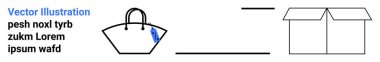 Etiketli el çantası, geometrik çizgiler, açık kutu ve yer tutucu metin. Perakende, ambalaj, nakliyat, ekommerce, markalaşma sadeliği çizgisi düz sayfa afişi için ideal