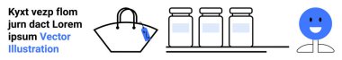 Etiketli alışveriş çantası, rafta üç kavanoz ve gülümseyen bir figür. Perakende, organizasyon, minimalizm, yaşam tarzı, sağlık, kiler deposu düz iniş sayfası afişi için ideal