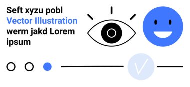 Yukarda gülümseyen yüzün sembolü dairesel gözler, metin, daireler, çizgiler, işaret. Markalaşma, grafik tasarımı, UIUX dijital içerik eğitimsel materyal pazarlama sunumları için idealdir. İniş