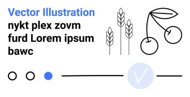 Buğday sapları, kirazlar, daireler, çizgiler ve yer tutucu metni ile birleştirilmiş bir işaret simgesi. Minimalizm, tasarım kavramları, tarım doğası gıda düzeni modern estetik için idealdir. İniş sayfası