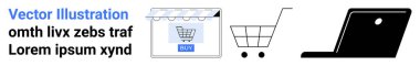 Çevrimiçi alışverişi vurgulayan satın alma düğmesi, alışveriş arabası ve dizüstü bilgisayarı olan bir mağaza. E-ticaret, dijital pazarlama, perakende, teknoloji, tüketici davranışı, düz iniş sayfası afişini finanse etmek için ideal