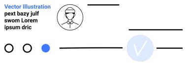 Yer tutucu metin ve grafiksel ögelere sahip profil avatar simgesi kontrol işareti, daireler ve satırları gösterir. Web tasarımı, kullanıcı profilleri, UIUX, mobil uygulamalar, çevrimiçi formlar, gösterge panelleri için ideal