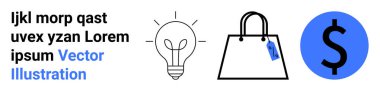 Ampul fikirleri sembolize eder, fiyat etiketli alışveriş çantası, mavi dolar simgesi. E-ticaret, iş stratejisi, yenilik, finans, pazarlama satış perakendecisi için ideal. Düz iniş sayfası pankartı
