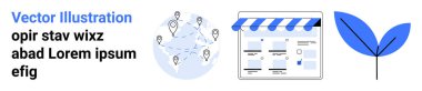 Lobutları temsil eden haritalar, tenteli online mağaza önü ve minimalist yaprak simgesi. Pazarlama, e-ticaret, lojistik, yerel işletme, sürdürülebilirlik, UIUX için ideal. İniş