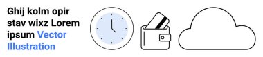 Saat gösterimi, cüzdan, kredi kartları ve internet kavramını temsil eden bulut simgesi. Finans, zaman yönetimi, dijital depolama, işletme, bulut hesaplama, çevrimiçi işlemler için ideal