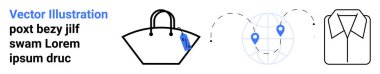 Alışveriş torbası, varış noktaları olan harita ve kesik oklarla birbirine bağlanmış gömlek. Moda, e-ticaret, lojistik, giysi, tedarik zinciri kıyafet pazarları için idealdir. Düz iniş