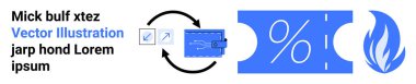 Dijital cüzdan, yüzdelik indirim bileti, döngüdeki oklar ve alev ikonu. Fintech için ideal, indirimler, e-ticaret, finansal alışverişler, terfiler, soyut çizgi düz metafor ödülleri