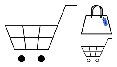 Alışveriş arabası mavi etiketli bir alışveriş çantasının yanında. E-ticaret, çevrimiçi alışveriş, perakende satış, dijital pazar yerleri, tüketici davranışları ve ticaret eğilimleri için ideal. Soyut