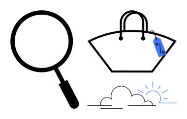 Çantanın yanında büyüteç ve fiyat etiketi ve bulutların arkasında yükselen güneş ışığı. Alışveriş, araştırma, keşif, pazar eğilimleri, keşif, perakende satış, güneş ışığı için idealdir. Minimalist soyut çizgi düz metafor