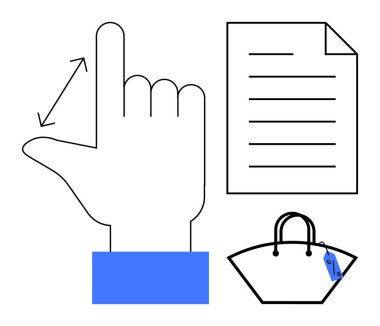 Yeniden boyutlandırma için el hareketi, çizgili kağıt belge ve mavi etiketli alışveriş torbası etkileşimi, belgeleri ve e-ticareti gösteriyor. Dijital arayüzler ve alışveriş için ideal