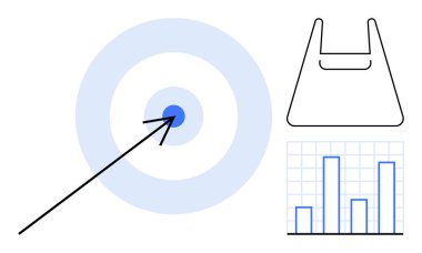 Ok hedef merkezini vuruyor, alışveriş çantasının taslağı ve çubuk grafiği ızgarada. Ticari hedefler, strateji, pazarlama, başarı, alışveriş analizi veri yönetimi için idealdir. Soyut çizgi düz metafor